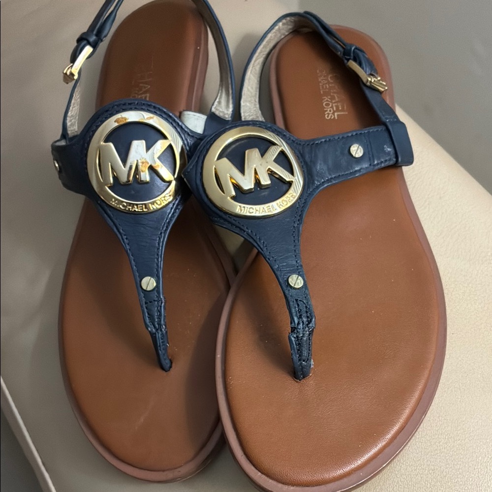 Michael Kors Blue and Gold Logo Sandals